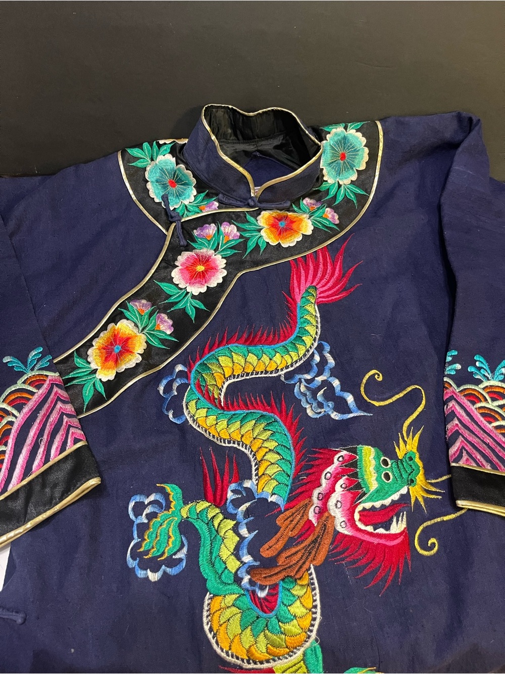 Vintage Mid-Century EmbroideredDragon Chinese CollarJacket Navy Made In HongKong